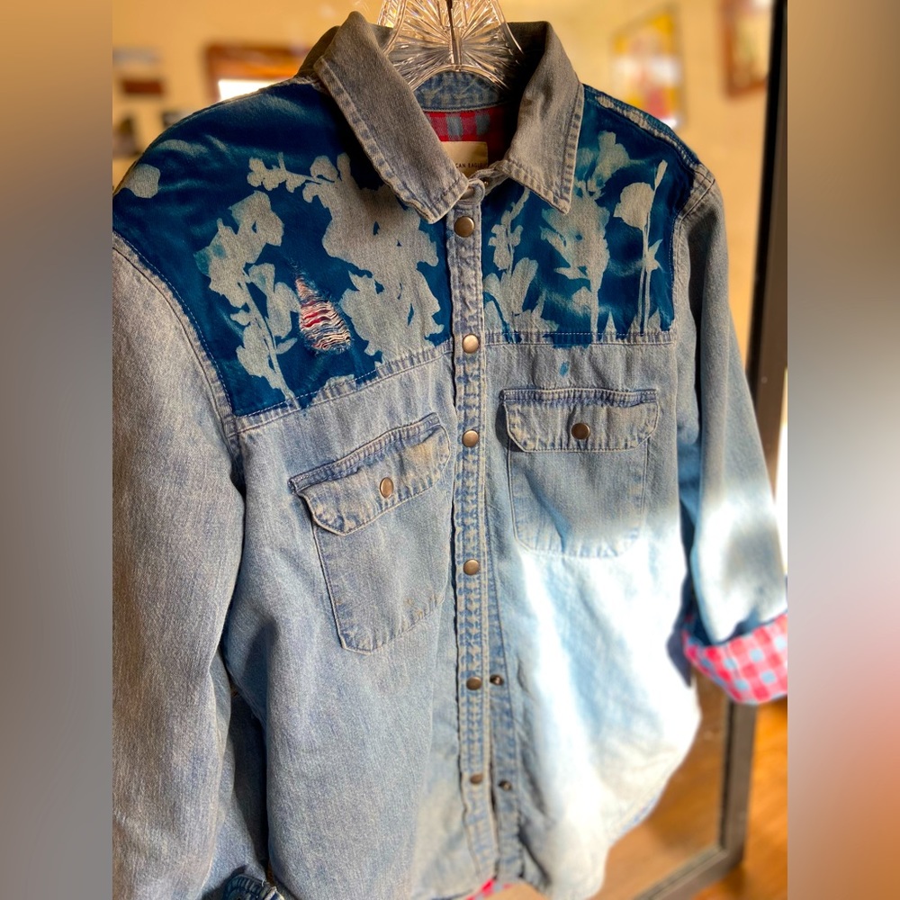 Solar-Printed American Eagle Flannel Lined Denim Button Up